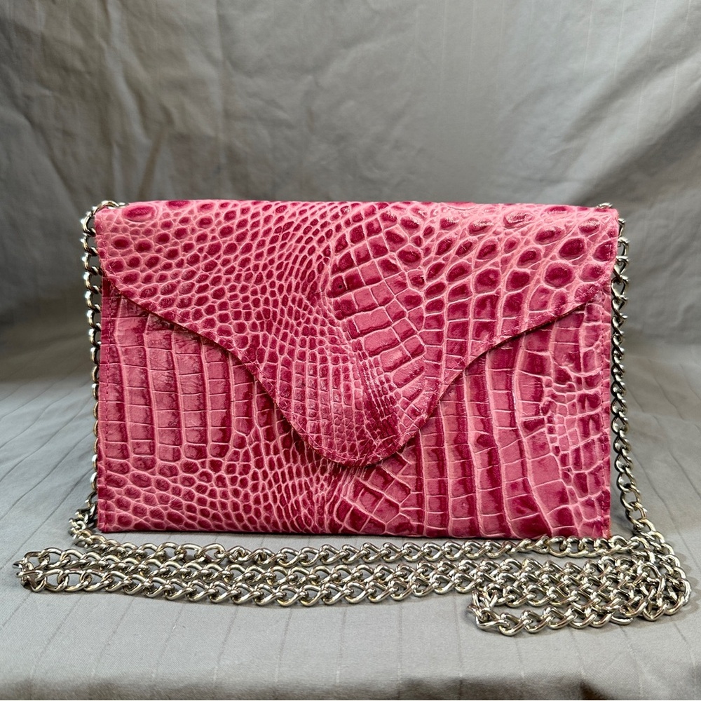 JJ Winters Croco Hot Pink Leather Chain Strap Crossbody Envelope Clutch